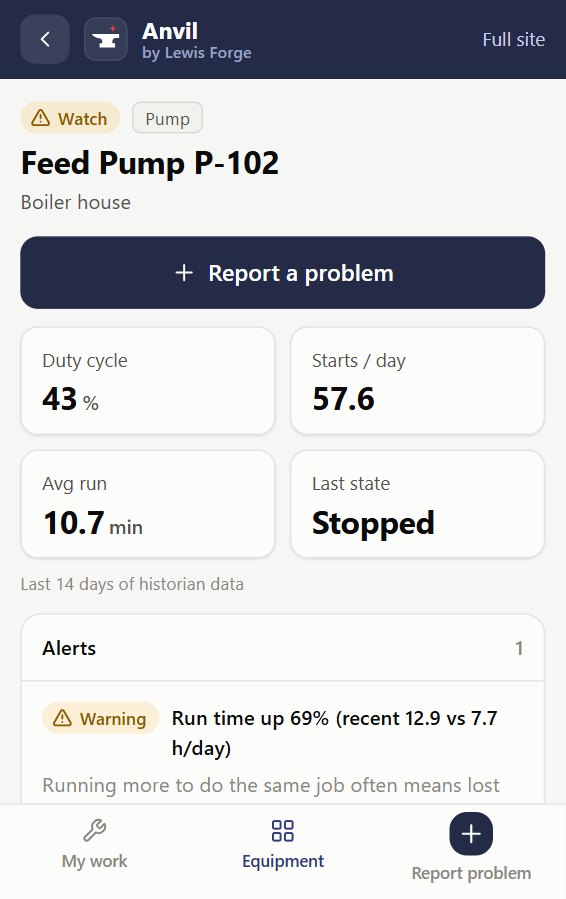 Anvil phone view: Feed Pump P-102 on Watch, duty cycle 43%, run time up 69%